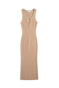 Yanet Collection Shop beige sleeveless ribbed maxi dress with a round neckline and button placket detail.