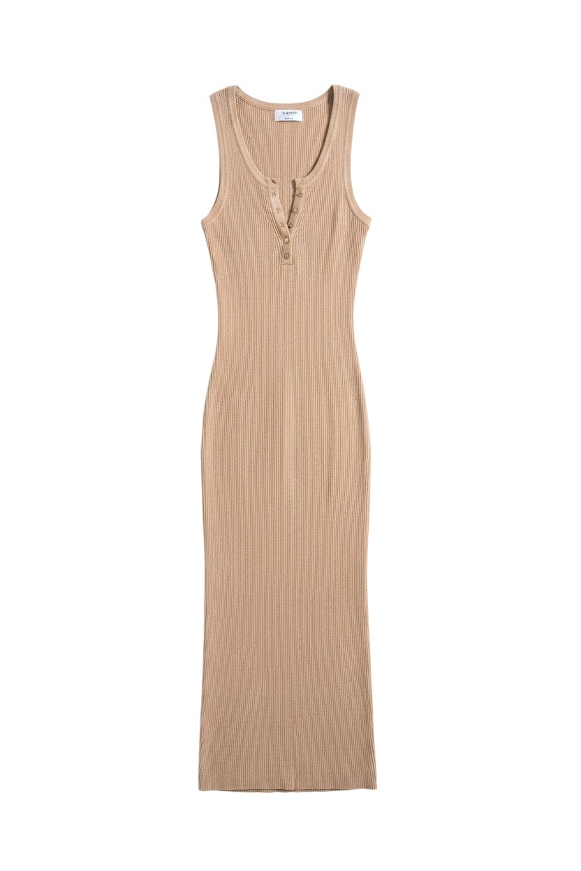 Yanet Collection Shop beige sleeveless ribbed maxi dress with a round neckline and button placket detail.