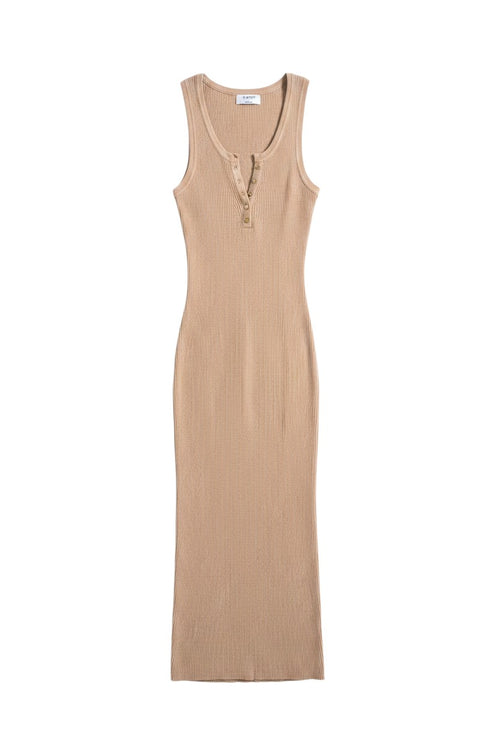 Yanet Collection Shop beige sleeveless ribbed maxi dress with a round neckline and button placket detail.
