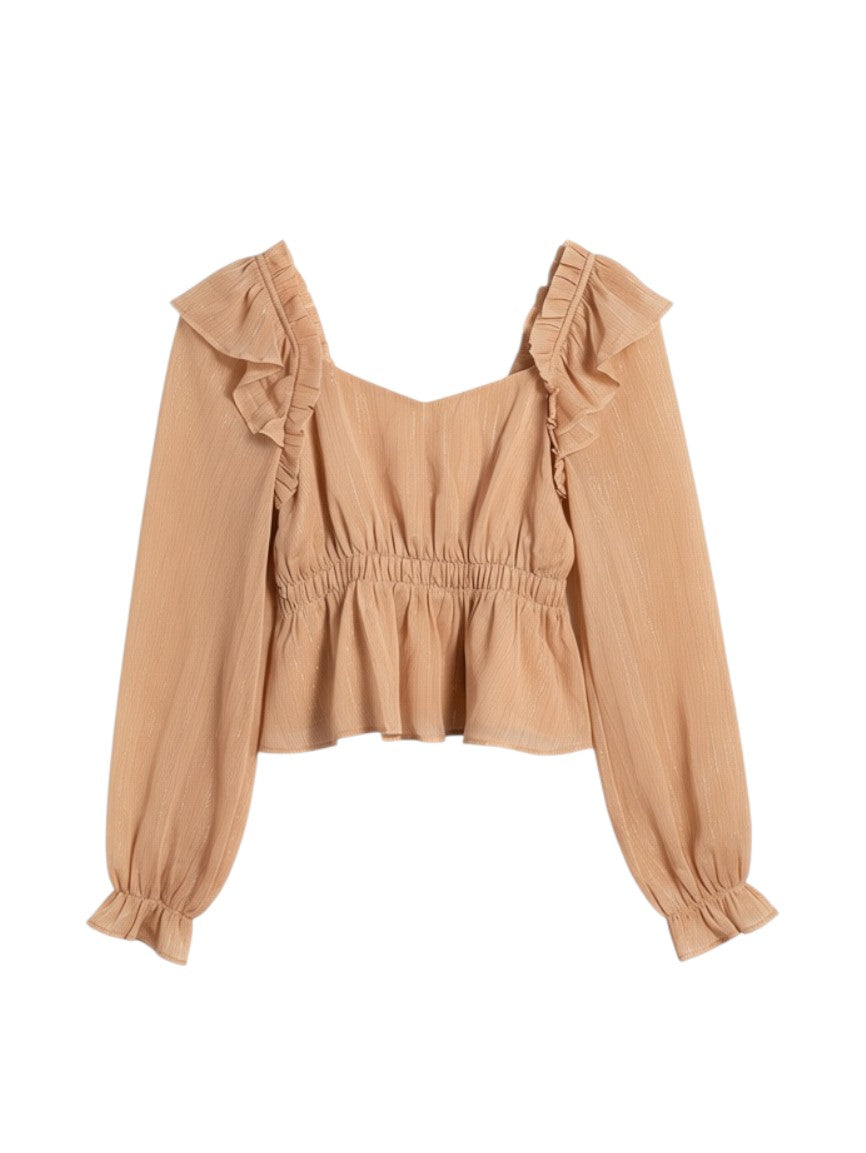 Yanet Collection Shop beige long-sleeve blouse with ruffled shoulders, sweetheart neckline, and cinched waist.