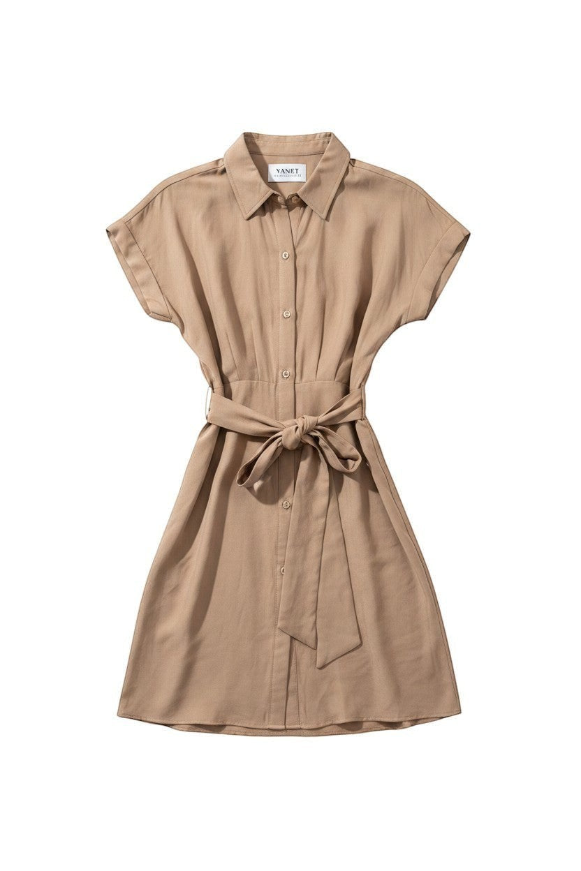 Yanet Collection Shop beige button-down shirt dress with short sleeves and a matching waist tie belt.