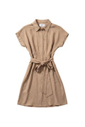 Yanet Collection Shop beige button-down shirt dress with short sleeves and a matching waist tie belt.