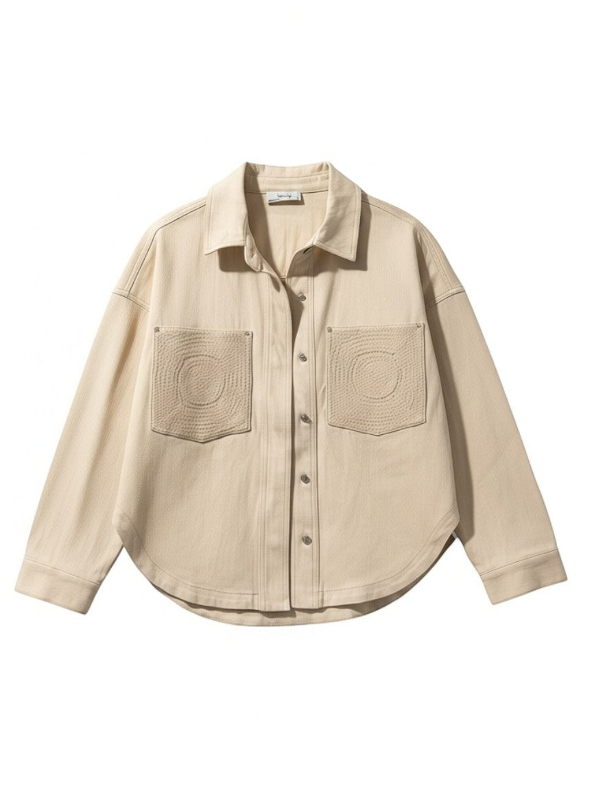 Yanet Collection Shop beige button-up shirt jacket with textured circular embroidery on the front pockets
