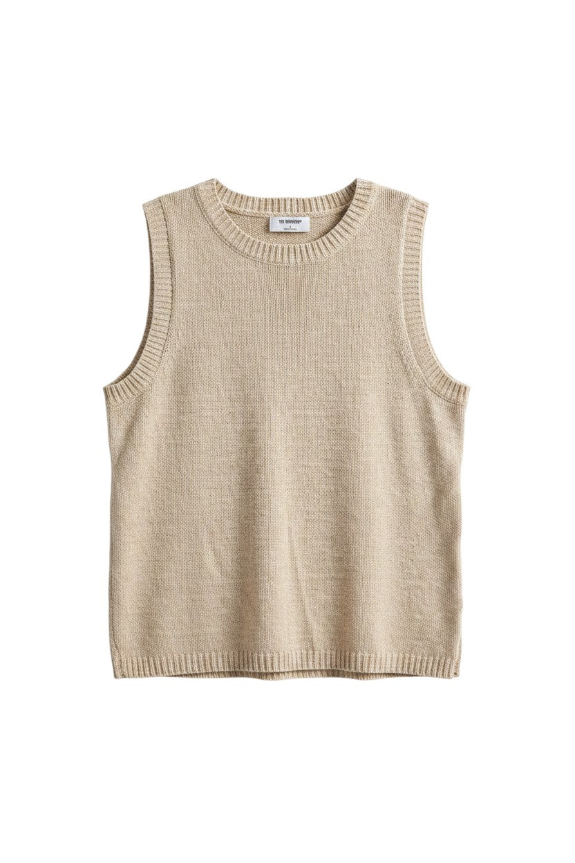 Yanet Collection Shop beige sleeveless knit top with a ribbed crew neckline and relaxed fit.