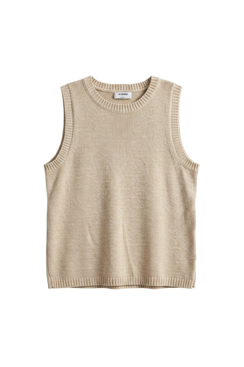 Yanet Collection Shop beige sleeveless knit top with a ribbed crew neckline and relaxed fit.