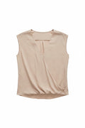 Yanet Collection Shop beige sleeveless wrap top with a flattering gathered hem and draped silhouette