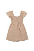 Yanet Collection Shop beige short dress with flutter sleeves and a smocked bodice in lightweight fabric