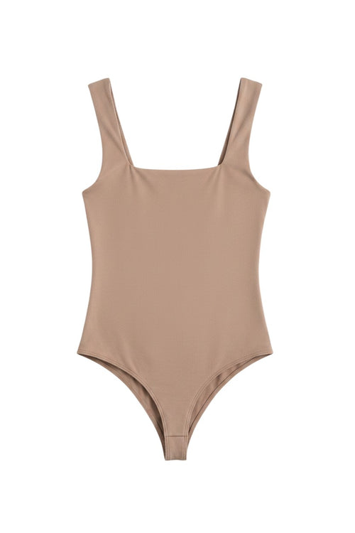 Yanet Collection Shop beige sleeveless bodysuit with a flattering square neckline and smooth stretchable fabric.
