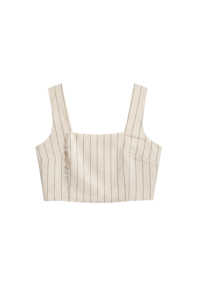 Yanet Collection Shop beige sleeveless crop top with thin vertical stripes and a square neckline.