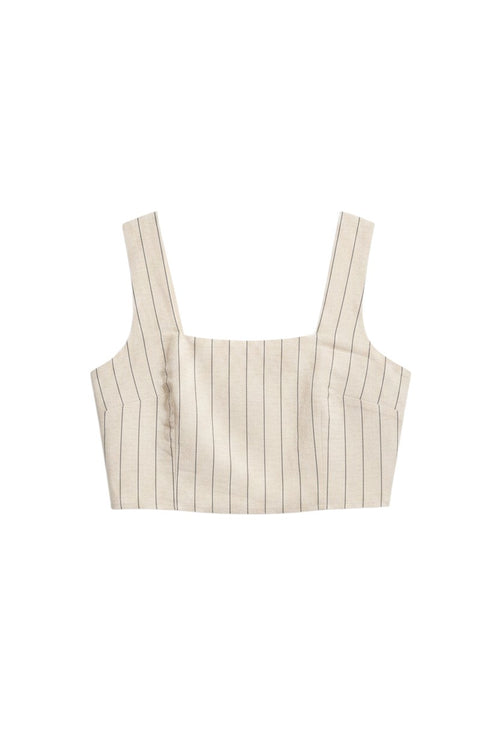 Yanet Collection Shop beige sleeveless crop top with thin vertical stripes and a square neckline.