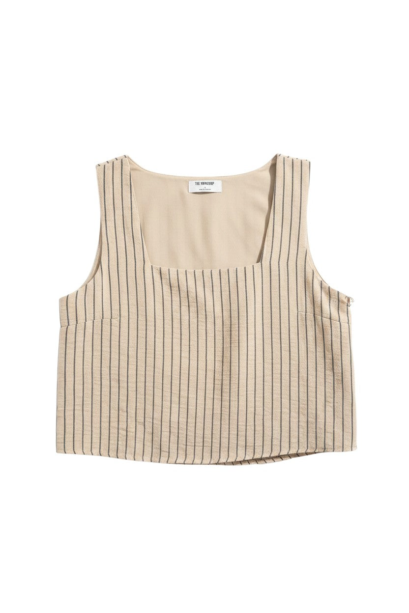 Yanet Collection Shop beige sleeveless crop top with a square neckline and vertical dark stripes in textured fabric.