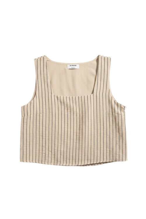 Yanet Collection Shop beige sleeveless crop top with a square neckline and vertical dark stripes in textured fabric.