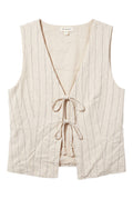Yanet Collection Shop beige sleeveless vest with vertical stripes, front tie closures, and a lightweight relaxed fit.
