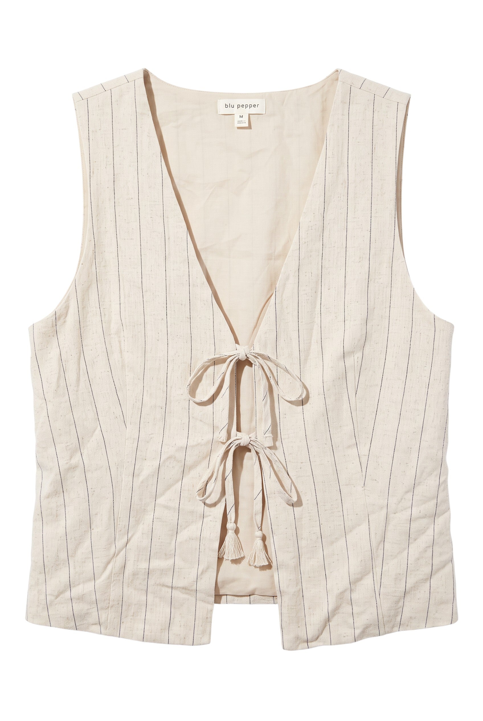 Yanet Collection Shop beige sleeveless vest with vertical stripes, front tie closures, and a lightweight relaxed fit.
