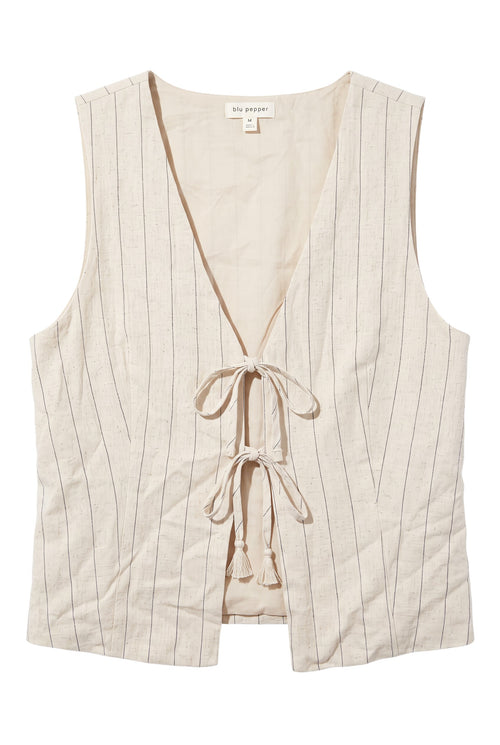 Yanet Collection Shop beige sleeveless vest with vertical stripes, front tie closures, and a lightweight relaxed fit.