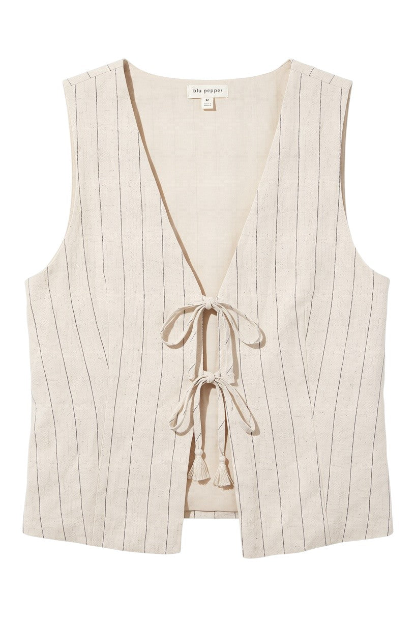 Yanet Collection Shop beige sleeveless vest with vertical stripes and front tie closures on a white background