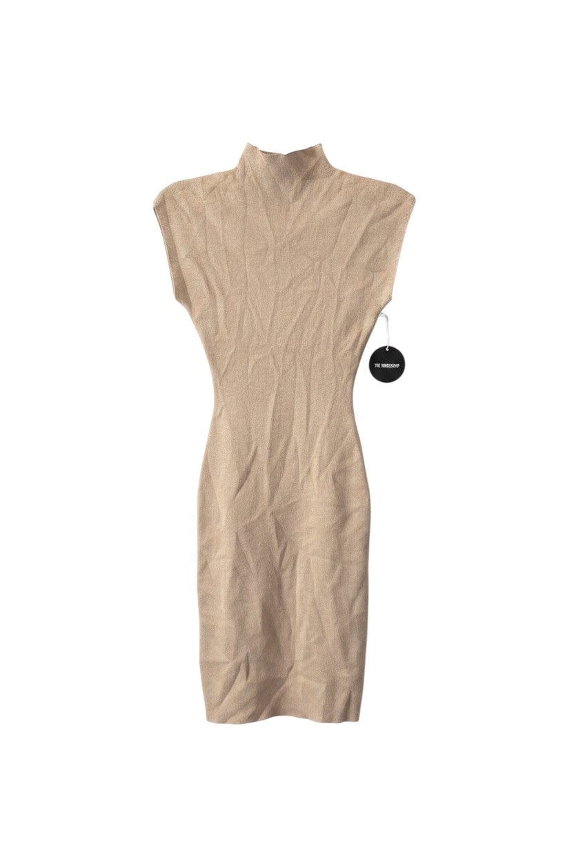 Yanet Collection Shop beige midi bodycon dress with a mock neck and textured fabric in a sleeveless silhouette.