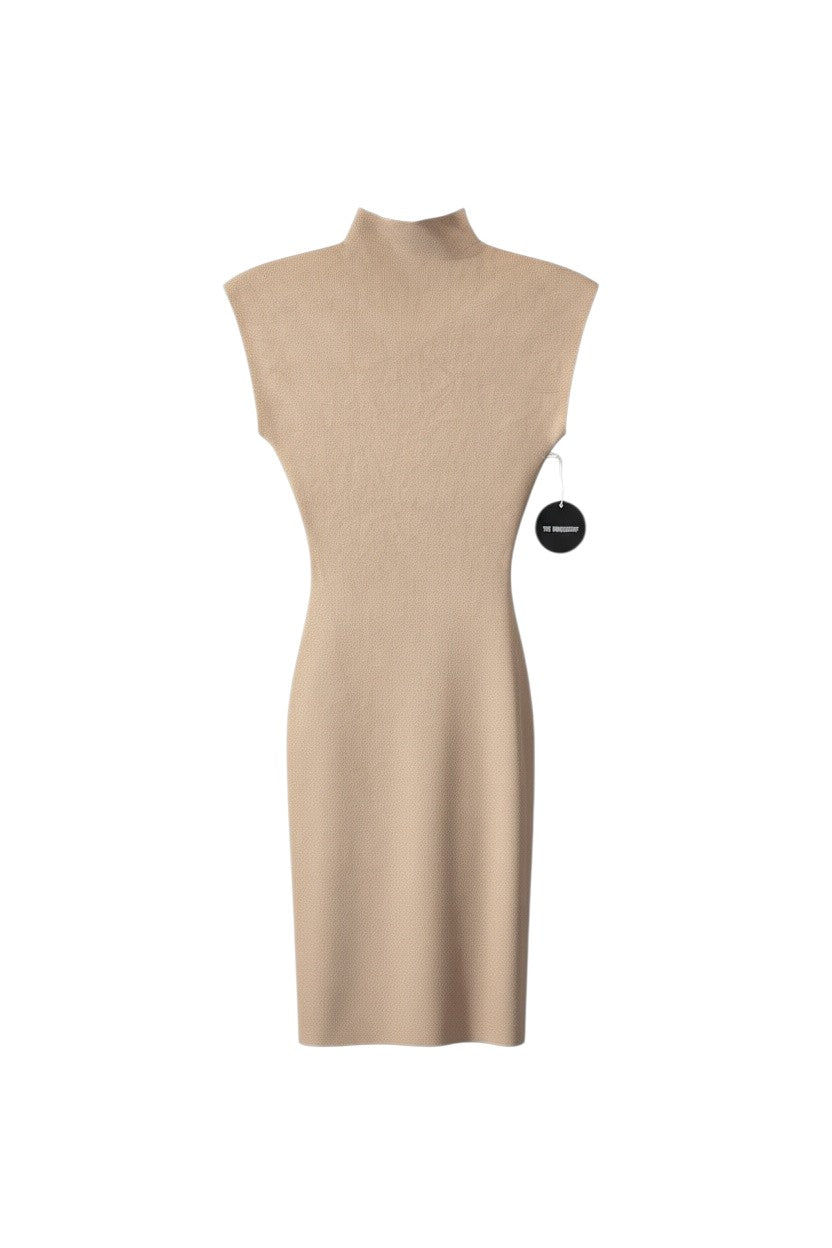Yanet Collection Shop beige midi dress with a mock neck, sleeveless cut, and textured bodycon fabric.