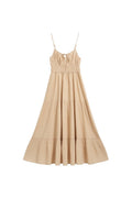 Yanet Collection Shop beige tiered maxi dress with spaghetti straps, button detail, and a relaxed flowy silhouette.