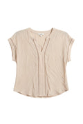 Yanet Collection Shop beige short sleeve v-neck top with delicate stitch detailing and a relaxed, crinkled texture.