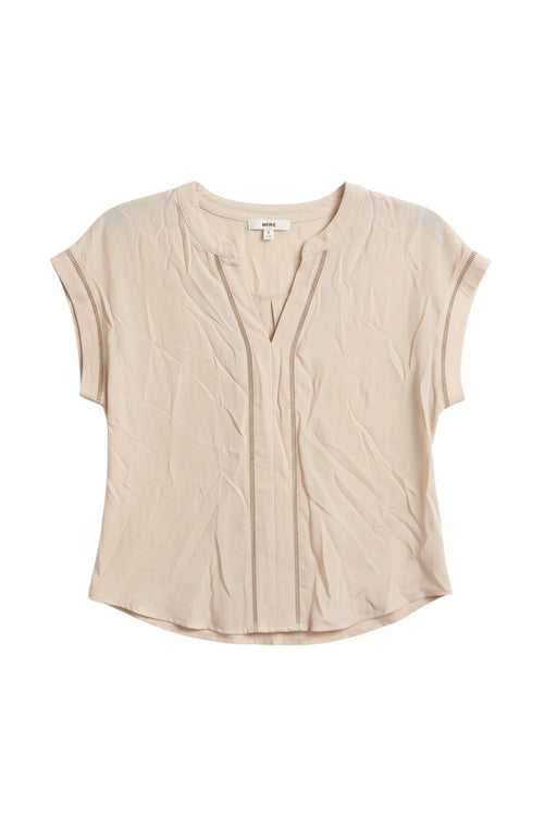 Yanet Collection Shop beige short sleeve v-neck top with delicate stitch detailing and a relaxed, crinkled texture.