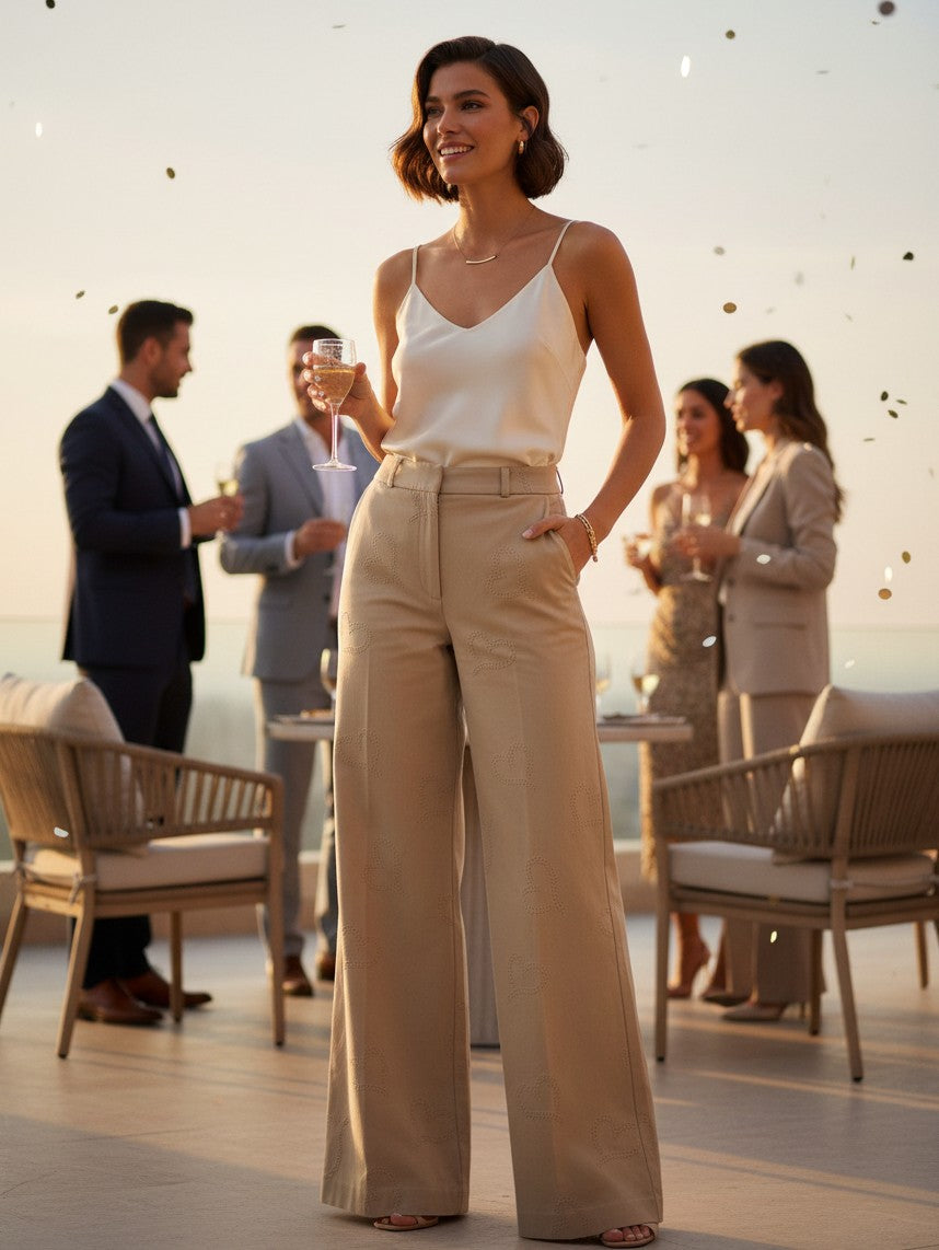 Yanet Collection Shop woman in a cream silk camisole and beige wide-leg trousers with heart embroidery at a party.