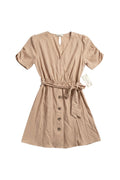 Yanet Collection Shop beige short sleeve wrap dress with a button-down front, cinched belted waist, and soft texture.