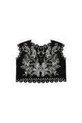 Yanet Collection Shop black sleeveless crop top with intricate white floral embroidery and a scalloped hemline.