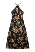 Yanet Collection Shop black maxi dress with tan floral print, delicate lace trim, and elegant spaghetti straps.