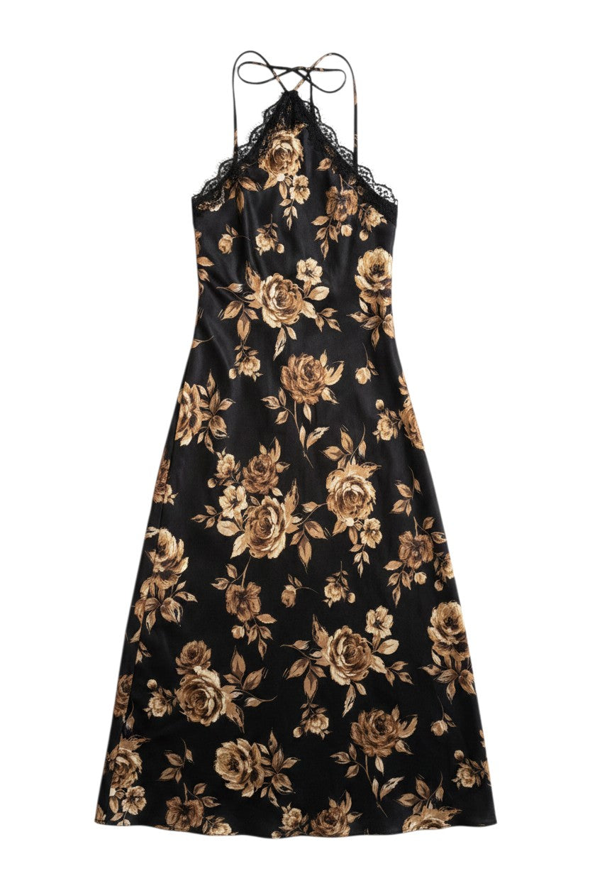 Yanet Collection Shop black maxi dress with tan floral print, delicate lace trim, and elegant spaghetti straps.