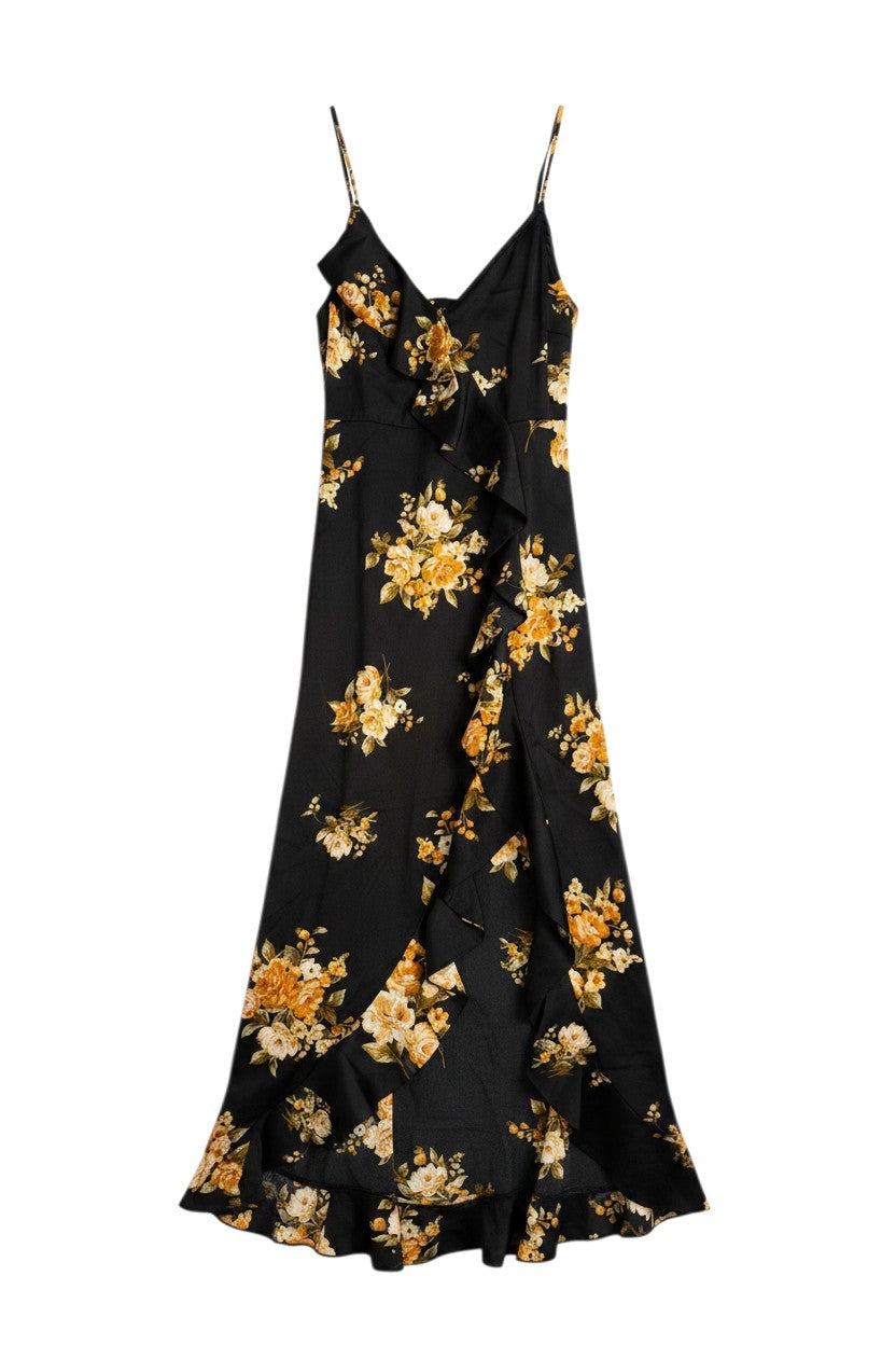 Yanet Collection Shop black maxi dress with yellow floral print, spaghetti straps, and a ruffled high-low hem.