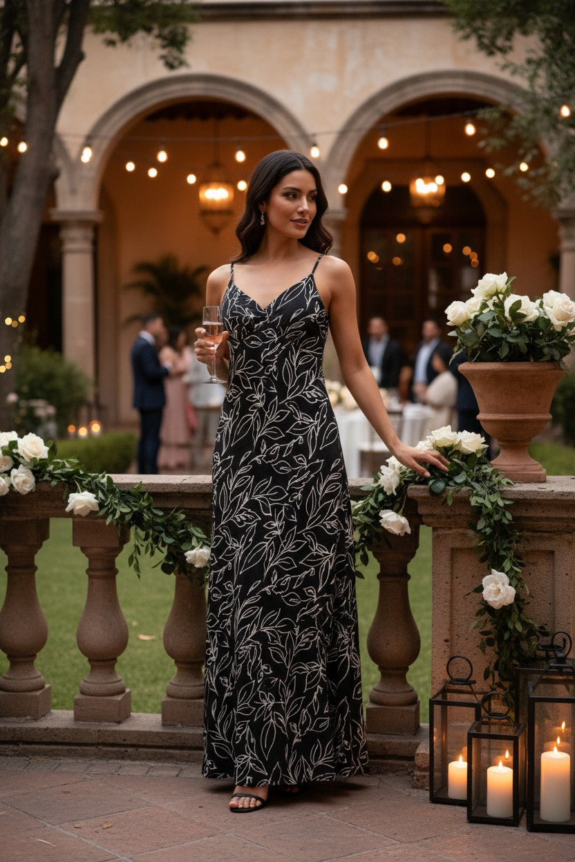 Yanet Collection Shop black maxi dress with white floral print, spaghetti straps, and draped silhouette in a garden