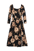 Yanet Collection Shop black maxi dress with long sleeves, square neckline, and beige floral print on lightweight fabric