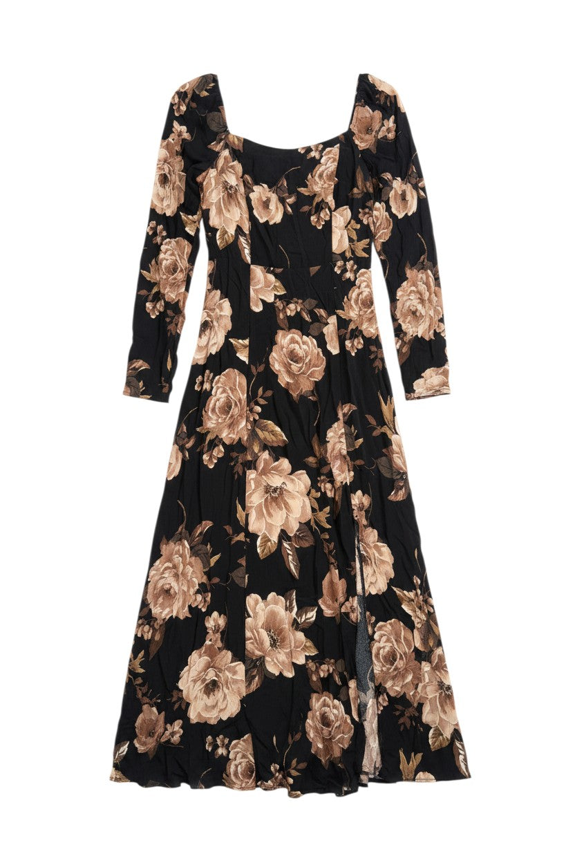 Yanet Collection Shop black maxi dress with long sleeves, square neckline, and beige floral print on lightweight fabric