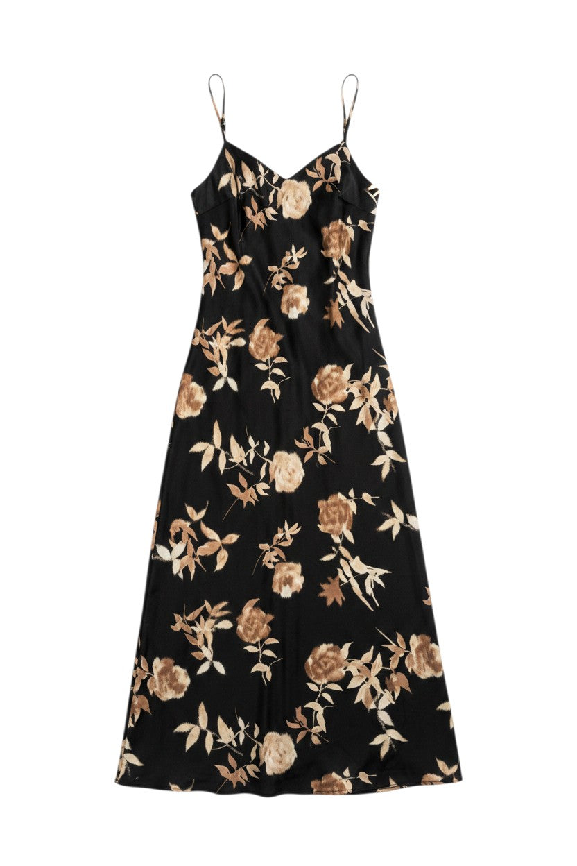Yanet Collection Shop black maxi dress with spaghetti straps and beige floral print in a flowing silhouette