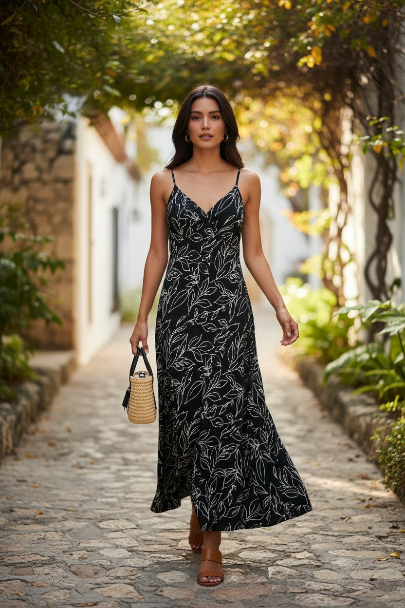 Yanet Collection Shop black maxi dress with white floral print, spaghetti straps, and a flowing silhouette