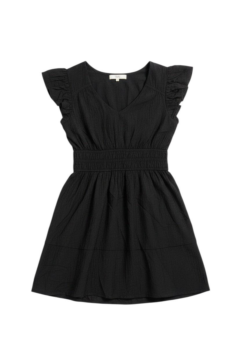 Yanet Collection Shop black textured mini dress with short flutter sleeves and a flattering smocked waist.