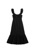 Yanet Collection Shop black maxi dress with flutter sleeves, v-neckline, and a ruffled hem in a flowing silhouette.