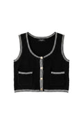 Yanet Collection Shop black cropped knit vest with white striped trim, button-down front, and two front pockets.