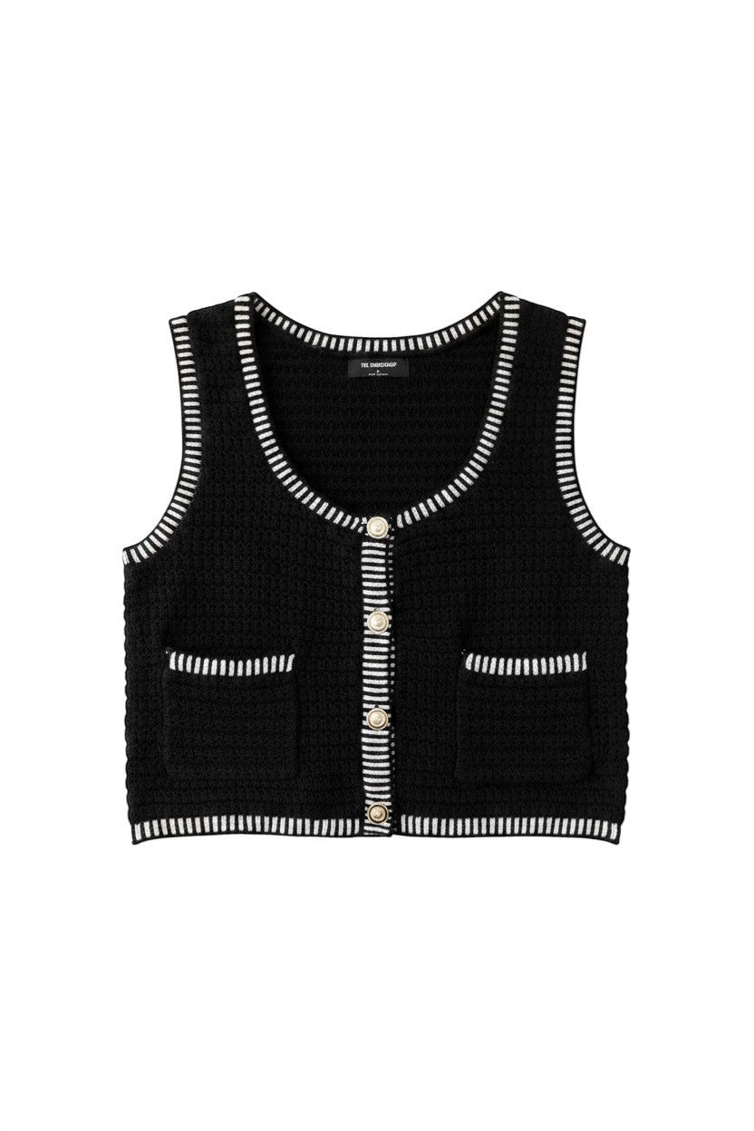 Yanet Collection Shop black cropped knit vest with white striped trim, button-down front, and two front pockets.