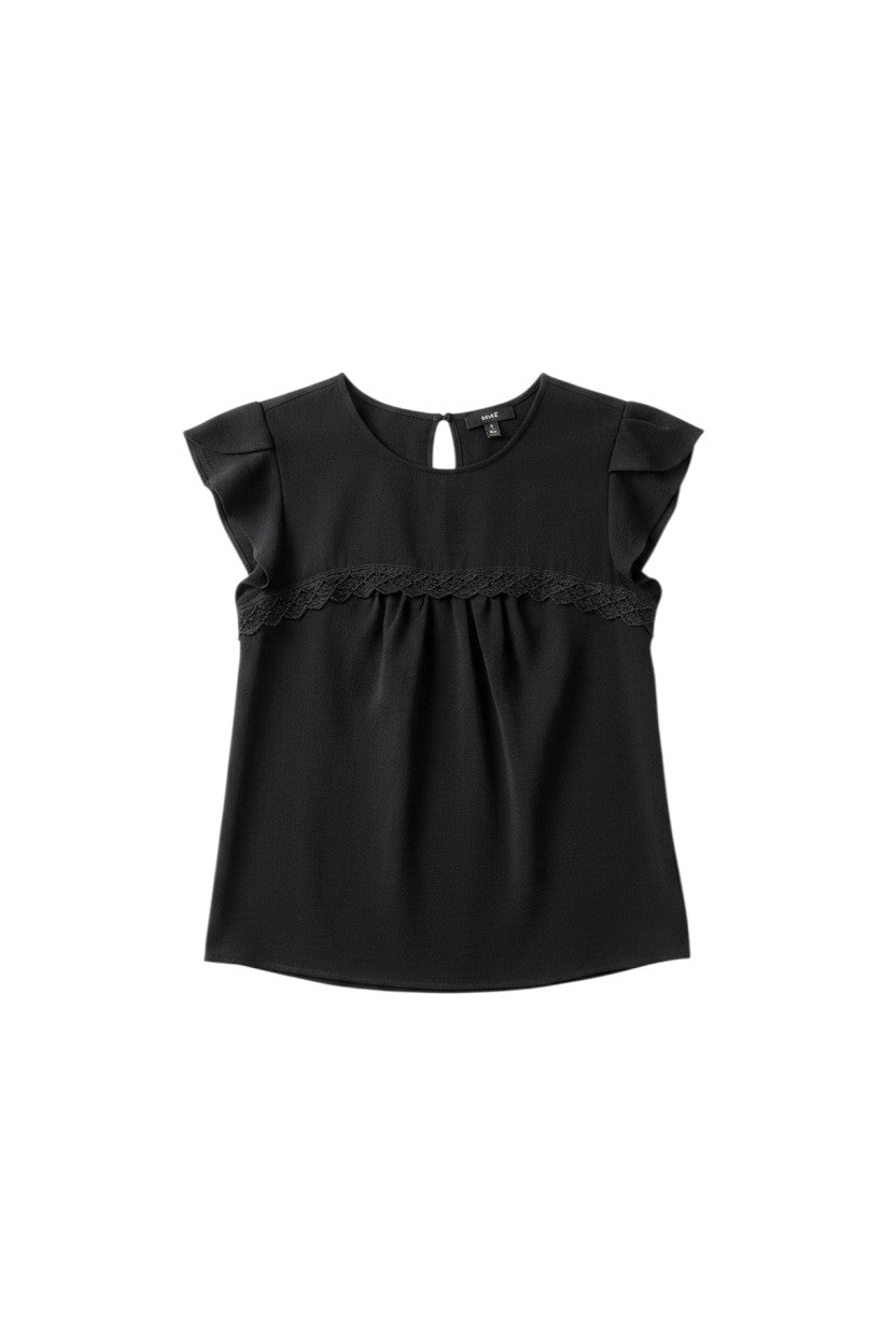 Yanet Collection Shop black flutter sleeve top with delicate lace trim and keyhole back detail.