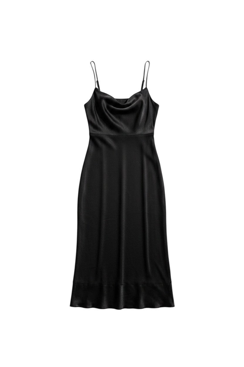 Yanet Collection Shop black sleeveless maxi dress with spaghetti straps and a cowl neckline in smooth fabric.