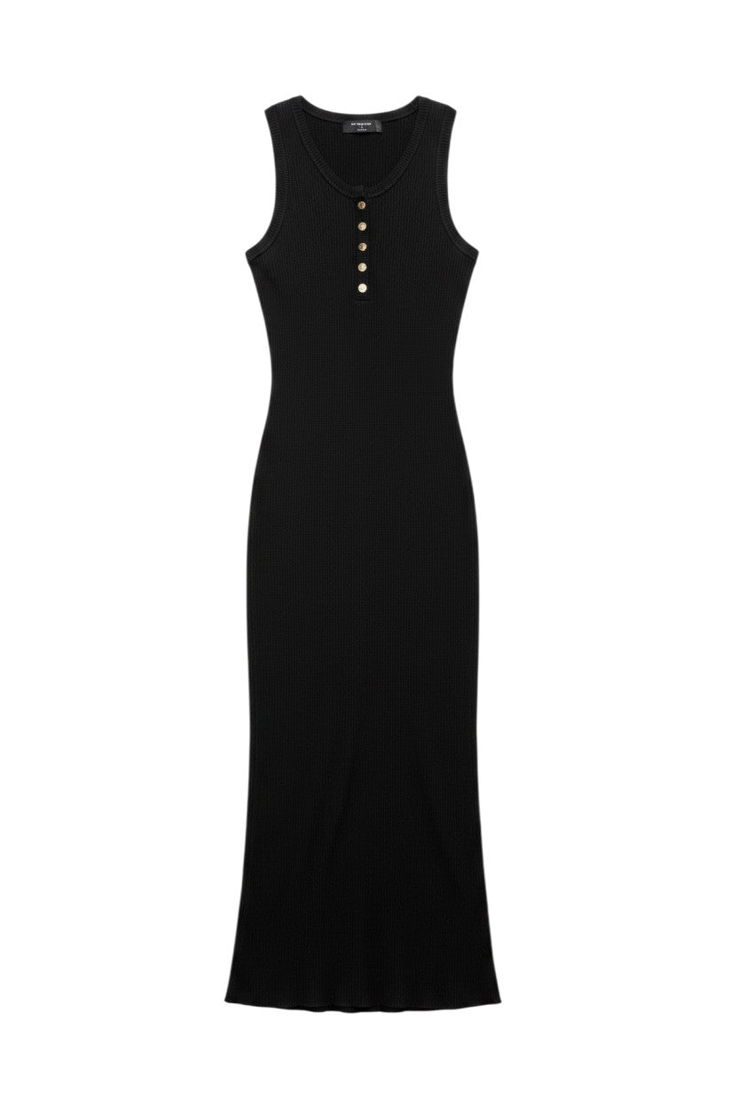 Yanet Collection Shop black sleeveless ribbed maxi dress with a round neckline and front button detail.