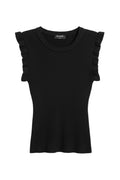 Yanet Collection Shop black ribbed sleeveless top with playful ruffle sleeve details and a fitted silhouette.