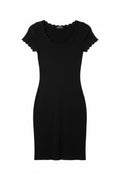 Yanet Collection Shop black ribbed bodycon dress with short sleeves and a delicate ruffled neckline.