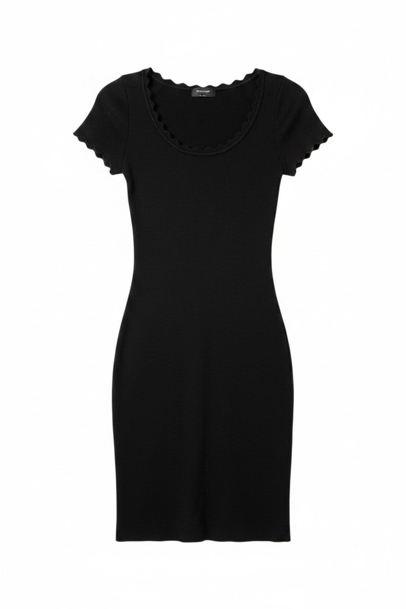 Yanet Collection Shop black ribbed bodycon dress with short sleeves and a delicate ruffled neckline.