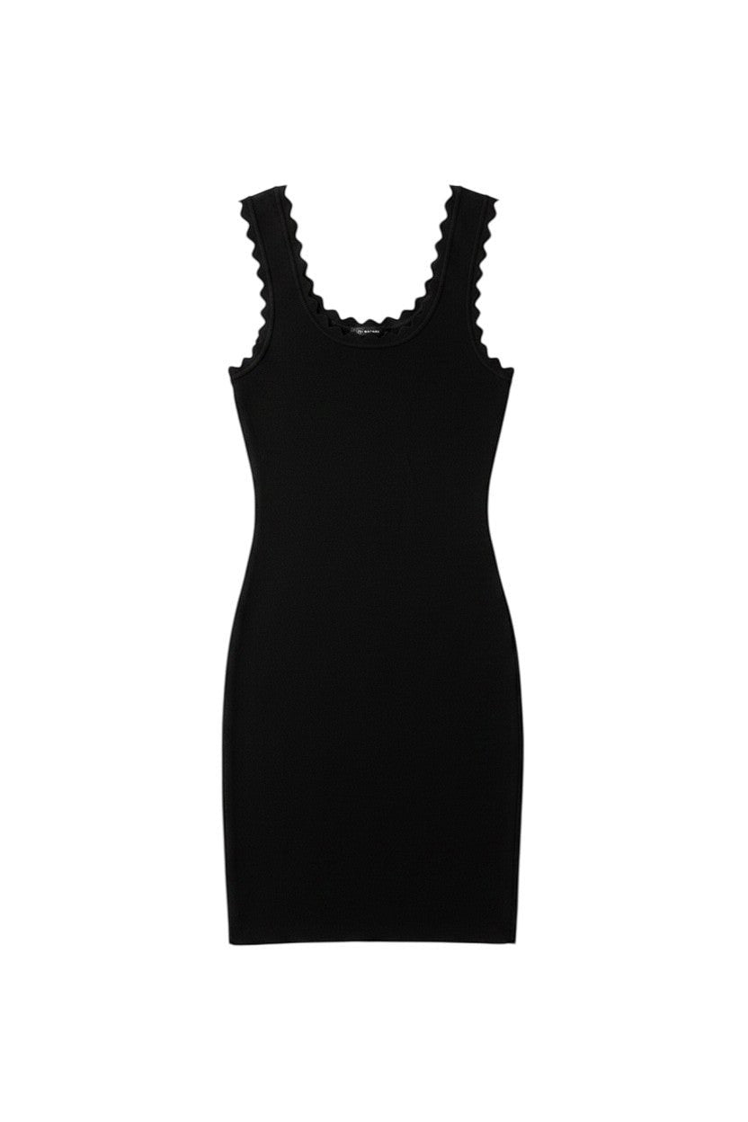 Yanet Collection Shop black sleeveless bodycon dress featuring a fitted silhouette and delicate scalloped edges.