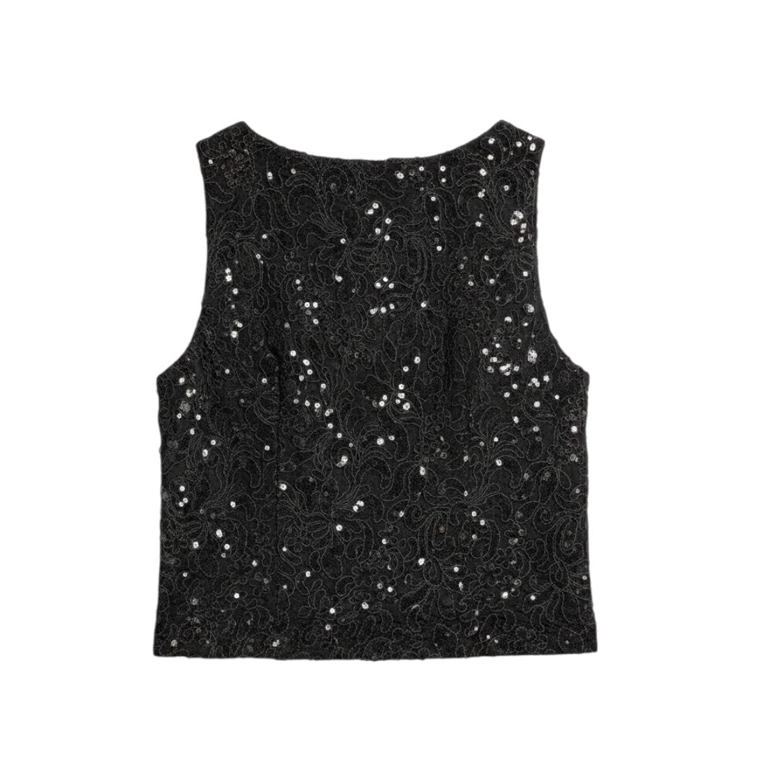 Yanet Collection Shop black sleeveless crop top featuring intricate floral lace embroidery and scattered sequins.