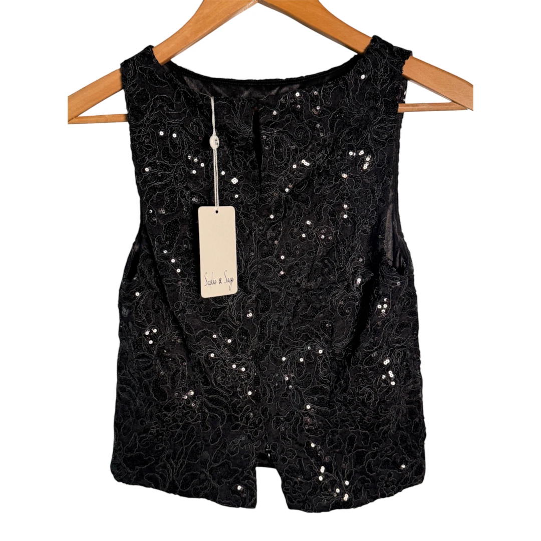 Yanet Collection Shop black sleeveless top featuring intricate lace overlay with subtle sequin embellishments