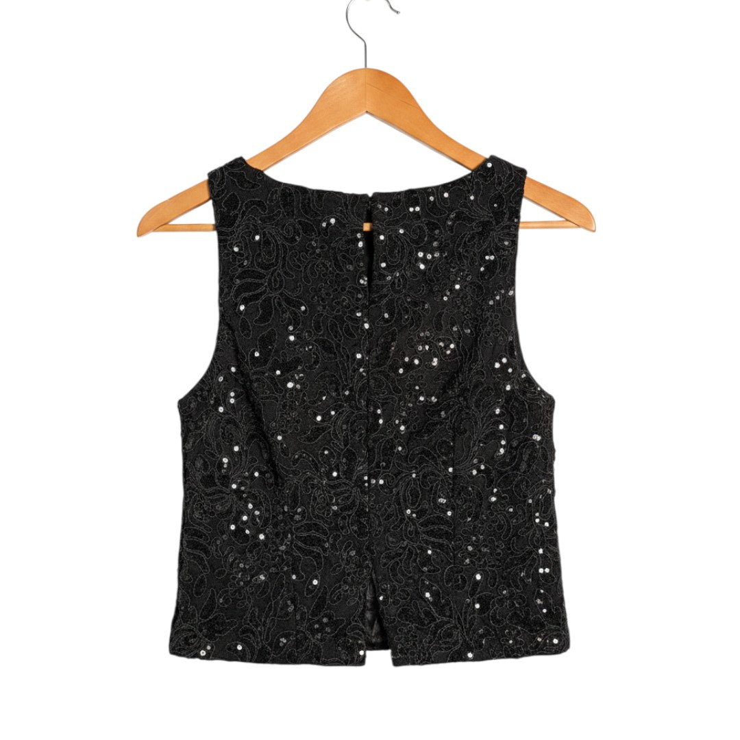 Yanet Collection Shop black sleeveless top featuring intricate floral lace embroidery and subtle sequin embellishments.
